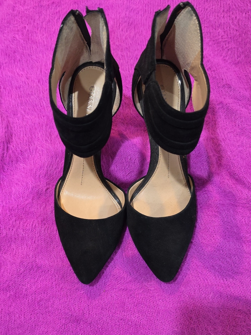 Gianni Bini Black Suede Pointed D'Orsay Heels with Ankle Strap